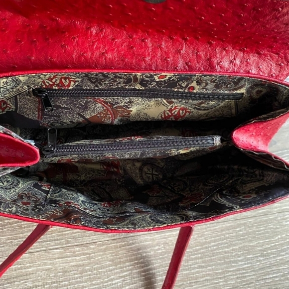 EUC Red Ostrich Embossed Shoulder Bag with Ornate Silver Hardware - Picture 9 of 13